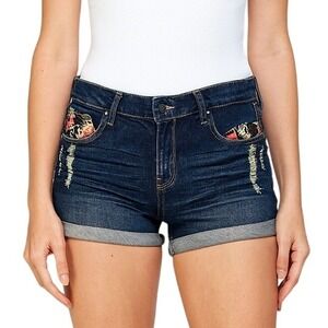 Iris Jeans Denim Shorts Womens‎ L Floral Pocket Distressed Cuffed Hem Festival